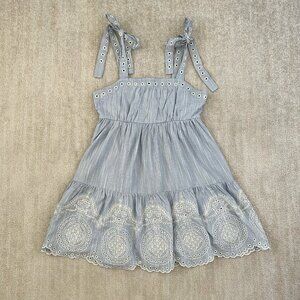 Francesca’s Mi Ami Blue White Eyelet Embroidered Mini Dress S With Bow Tie Strap